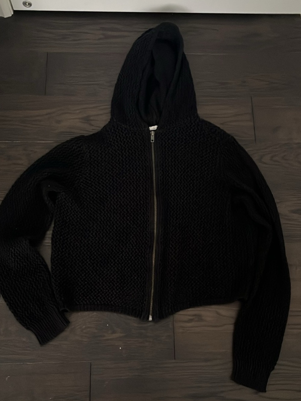 Black Hooded Knit Zip-Front Sweater Jacket